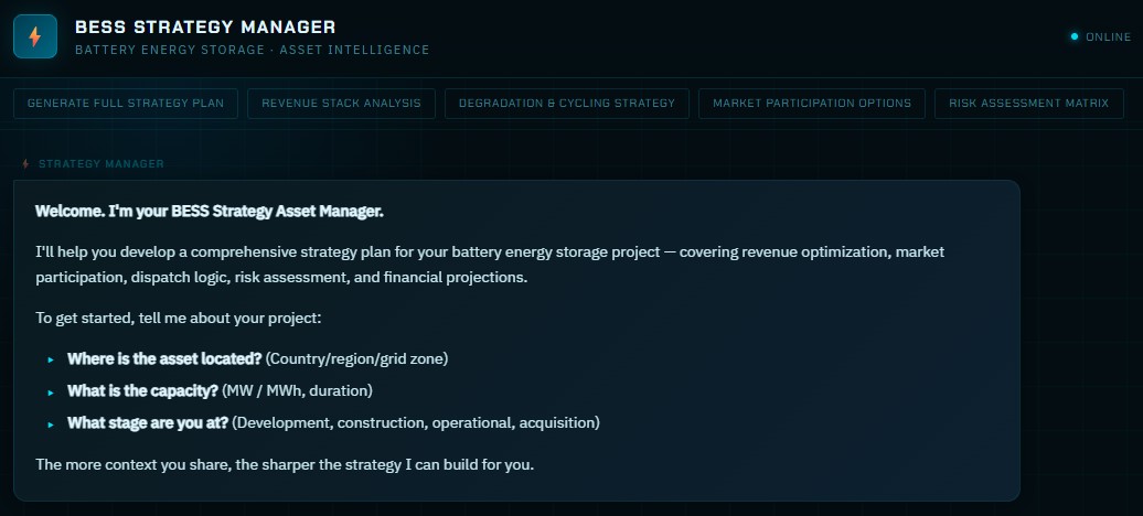 BESS Strategy Manager interface showing welcome message and initial project questions